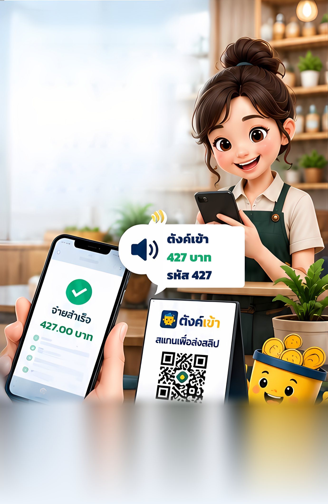 ภาพประกอบ: ลูกค้าสแกน QR ที่เคาน์เตอร์แล้วส่งสลิปจากมือถือ ร้านได้ยินเสียง “ตังค์เข้า 350 บาท รหัส 427”