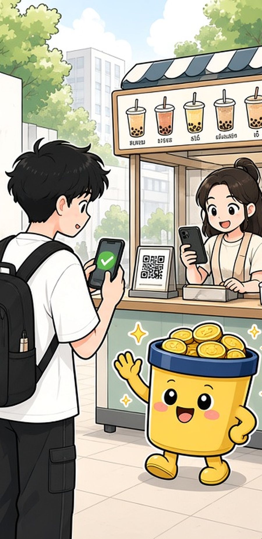 คีออสชานมไข่มุก ลูกค้าสแกนป้าย QR ด้วยโทรศัพท์ พนักงานยิ้มอยู่ในคีออส มาสคอต ตังค์เข้า เดินอยู่ด้านหน้า