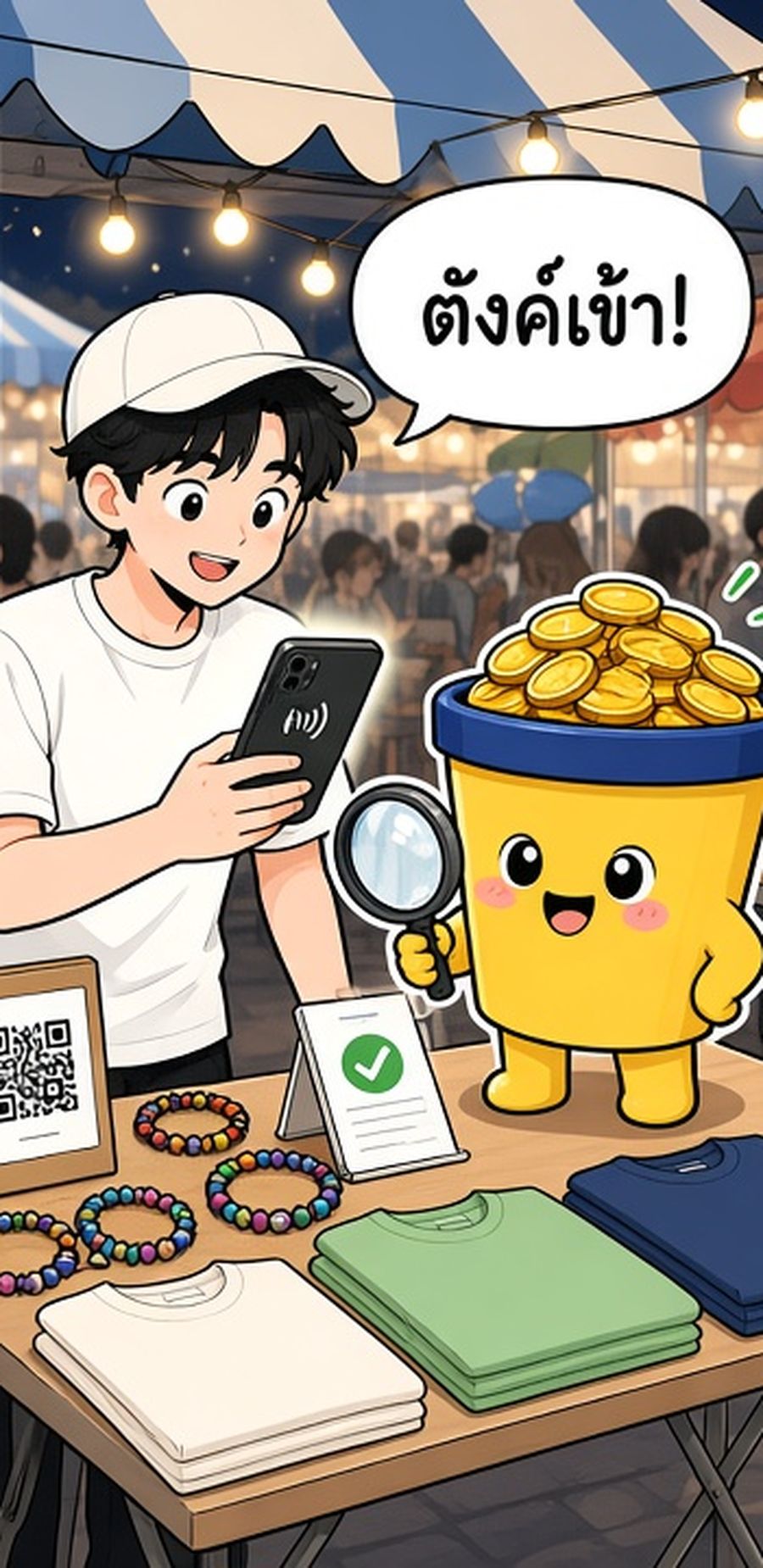 แผงตลาดนัดกลางคืน ลูกค้าสแกน QR มาสคอต ตังค์เข้า ถือแว่นขยายพร้อมคำพูด “ตังค์เข้า!” ข้างแผงเสื้อและกำไล